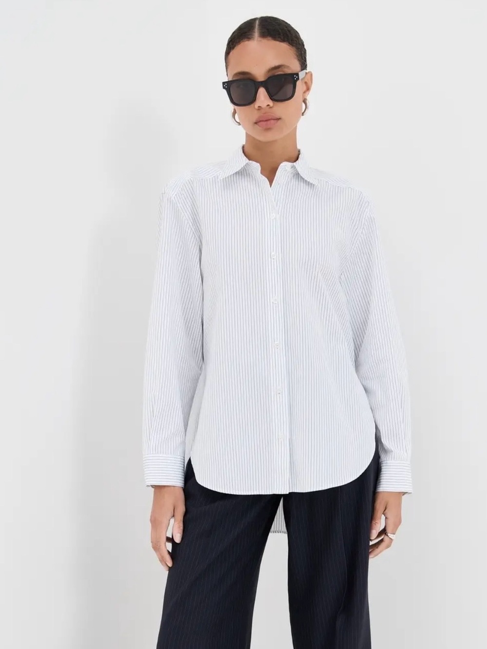 Another Tomorrow - Pleat Back Poplin Shirt - Blue Stripe - Size M - NWT